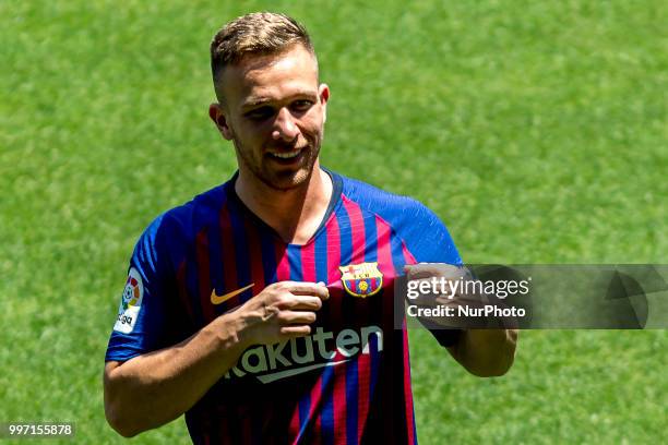 Brazilian midfield Arthur Henrique Ramons de Oliveira Melo is presented as new FC Barcelona's player at Camp Nou staium on Barcelona, Catalonia,...