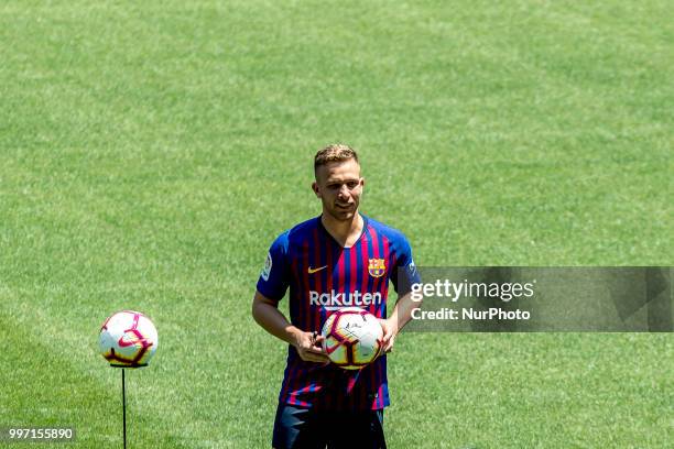 Brazilian midfield Arthur Henrique Ramons de Oliveira Melo is presented as new FC Barcelona's player at Camp Nou staium on Barcelona, Catalonia,...