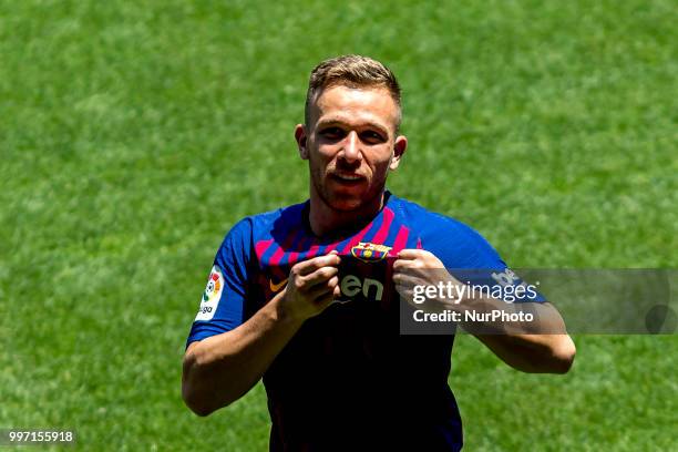 Brazilian midfield Arthur Henrique Ramons de Oliveira Melo is presented as new FC Barcelona's player at Camp Nou staium on Barcelona, Catalonia,...