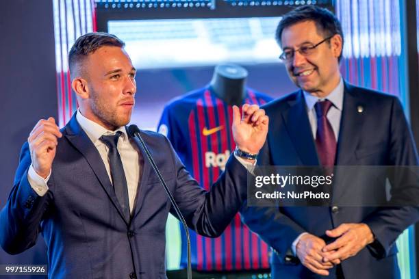 Brazilian midfield Arthur Henrique Ramons de Oliveira Melo is presented as new FC Barcelona's player at Camp Nou staium on Barcelona, Catalonia,...