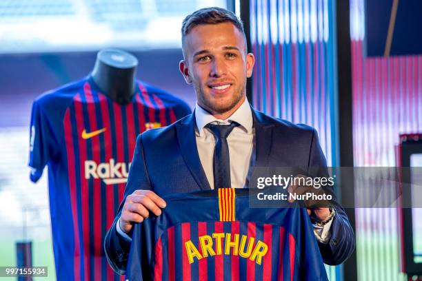 Brazilian midfield Arthur Henrique Ramons de Oliveira Melo is presented as new FC Barcelona's player at Camp Nou staium on Barcelona, Catalonia,...