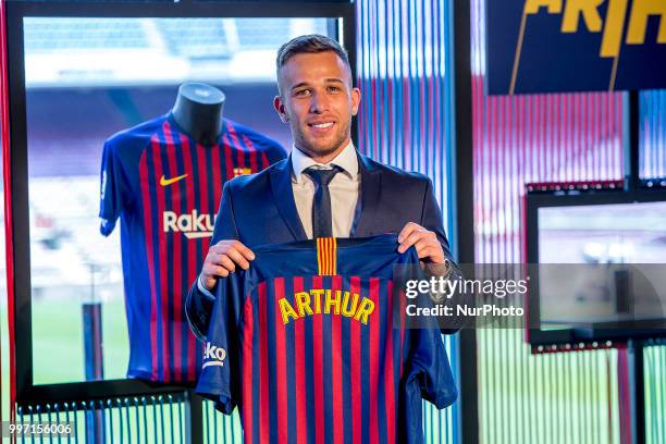 Brazilian midfield Arthur Henrique Ramons de Oliveira Melo is presented as new FC Barcelona's player at Camp Nou staium on Barcelona, Catalonia,...