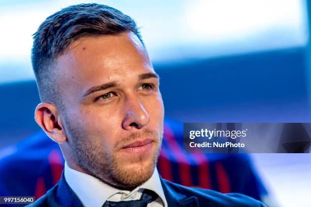 Brazilian midfield Arthur Henrique Ramons de Oliveira Melo is presented as new FC Barcelona's player at Camp Nou staium on Barcelona, Catalonia,...