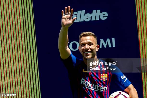 Brazilian midfield Arthur Henrique Ramons de Oliveira Melo is presented as new FC Barcelona's player at Camp Nou staium on Barcelona, Catalonia,...
