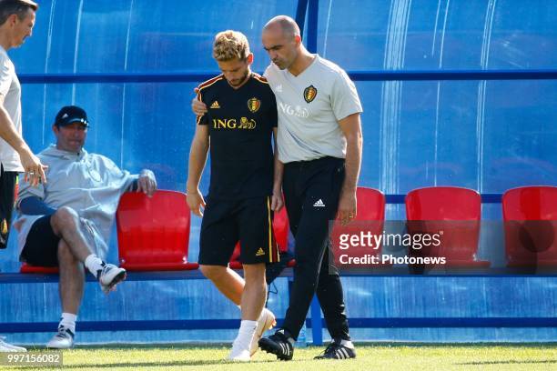 Dries Mertens forward of Belgium and Roberto Martinez head coach of Belgian Team during a training session as part of the preparation prior to the...