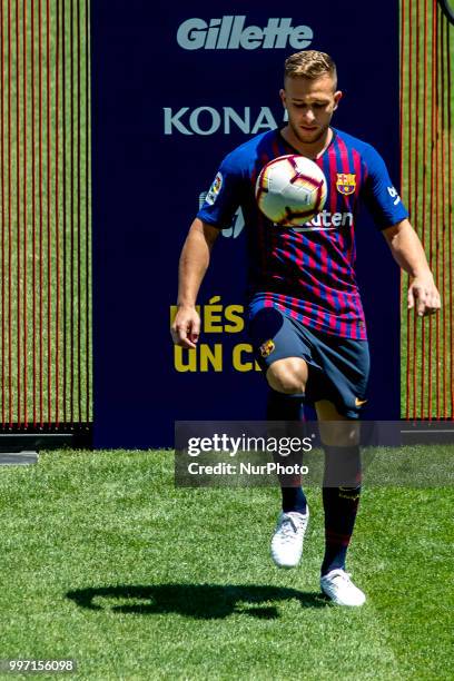 Brazilian midfield Arthur Henrique Ramons de Oliveira Melo is presented as new FC Barcelona's player at Camp Nou staium on Barcelona, Catalonia,...