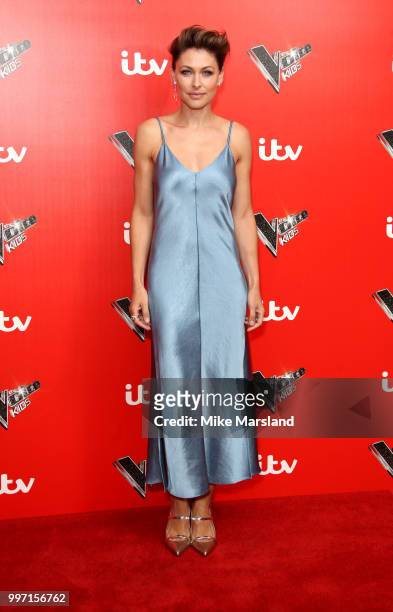 Emma Willis attends a photocall to launch season 2 of "The Voice: Kids" at Madame Tussauds on July 12, 2018 in London, England.