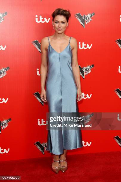 Emma Willis attends a photocall to launch season 2 of "The Voice: Kids" at Madame Tussauds on July 12, 2018 in London, England.