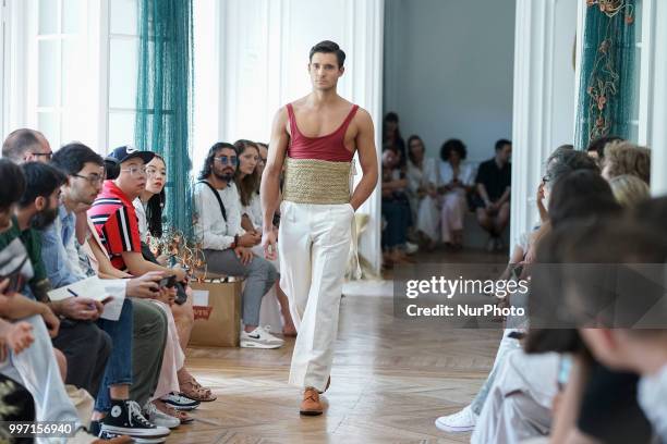 Model walks the runway during the Carlota Barrera show at Mercedes Benz Fashion Week Madrid Spring/ Summer 2019 on July 12, 2018 in Madrid, Spain.