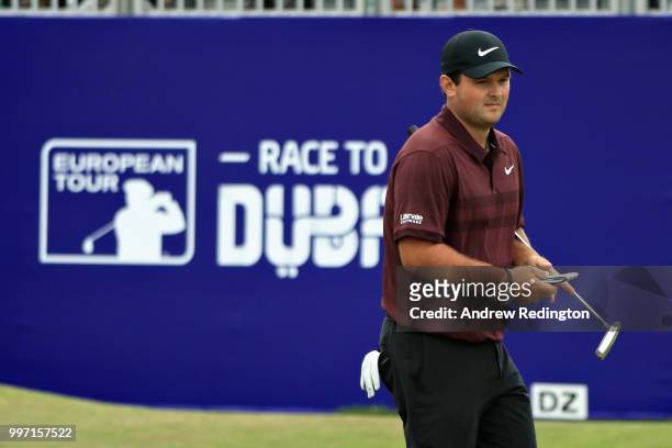Patrick Reed of USA looks on, on hole eighteen during day one of the Aberdeen Standard Investments Scottish Open at Gullane Golf Course on July 12,...