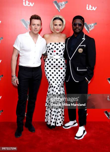Danny Jones, Pixie Lott, Will.i.am attend a photocall to launch season 2 of "The Voice: Kids" at Madame Tussauds on July 12, 2018 in London, England.