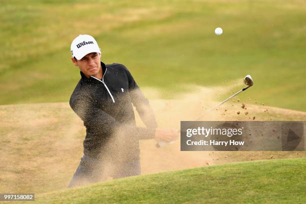 Joakim Lagergren of Sweden plays out of a bunker on hole twelve during day one of the Aberdeen Standard Investments Scottish Open at Gullane Golf...