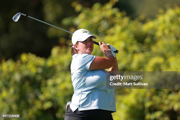 Kendall Dye of Italy watches her tee shot on the second hole during the first round of the Marathon Classic Presented By Owens Corning And O-I on...