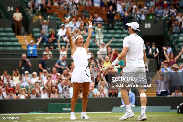 Jamie Murray of Great Britain and Victoria Azarenka of Belarus celebrate match point against Jean-Julien Rojer and Demi Schuurs of The Netherlands...
