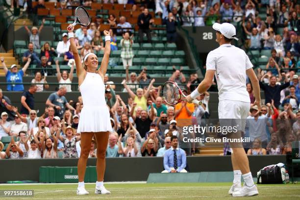 Jamie Murray of Great Britain and Victoria Azarenka of Belarus celebrate match point against Jean-Julien Rojer and Demi Schuurs of The Netherlands...