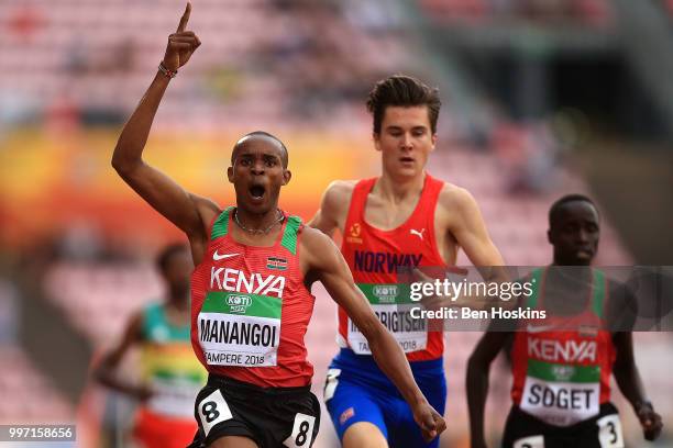 George Meitamei Manangoi of Kenya celebrates as he crosses the line to win gold in the final of the men's 1500m on day three of The IAAF World U20...