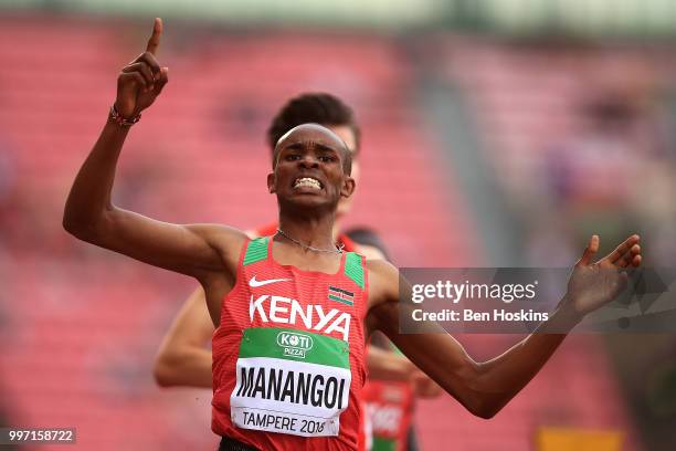 George Meitamei Manangoi of Kenya celebrates as he crosses the line to win gold in the final of the men's 1500m on day three of The IAAF World U20...