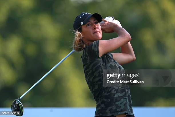 Jaye Marie Green watches her tee shot on the fifth hole during the first round of the Marathon Classic Presented By Owens Corning And O-I on July 12,...