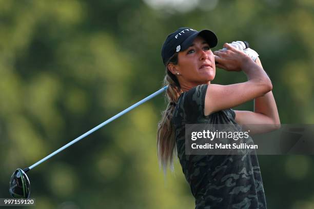 Jaye Marie Green watches her tee shot on the fifth hole during the first round of the Marathon Classic Presented By Owens Corning And O-I on July 12,...