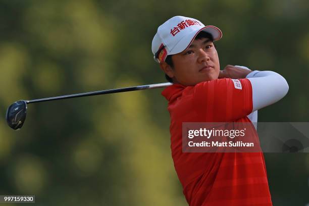 Peiyun Chien of Taiwan watches her tee shot on the fifth hole during the first round of the Marathon Classic Presented By Owens Corning And O-I on...