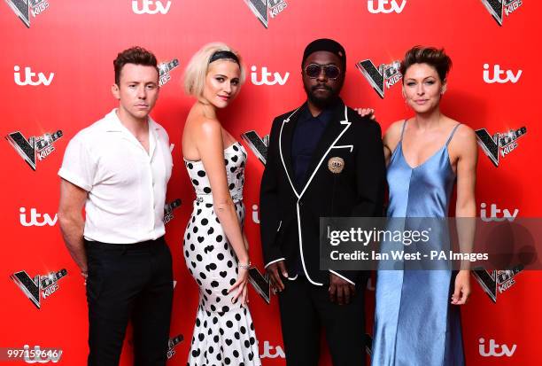 Danny Jones , Pixie Lott , will.i.am, and Emma Willis attending a photocall to launch The Voice Kids, at Madame Tussauds in London.