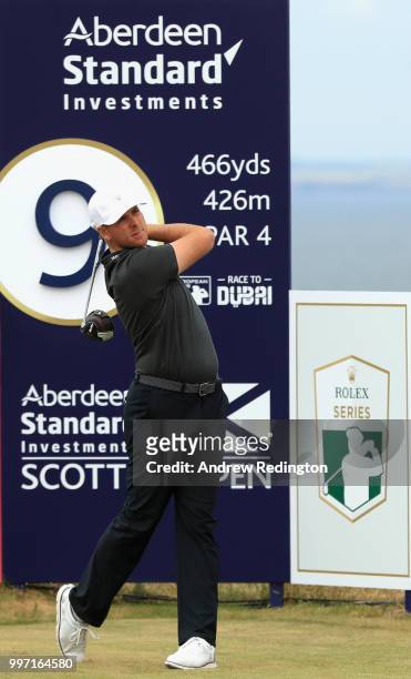 Luke List of USA takes his tee shot on hole nine during day one of the Aberdeen Standard Investments Scottish Open at Gullane Golf Course on July 12,...
