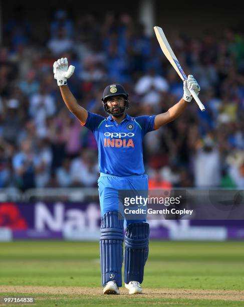 Rohit Sharma of India celebrates reaching his century during the Royal London One-Day match between England and India at Trent Bridge on July 12,...