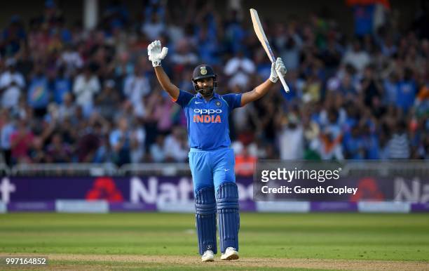 Rohit Sharma of India celebrates reaching his century during the Royal London One-Day match between England and India at Trent Bridge on July 12,...