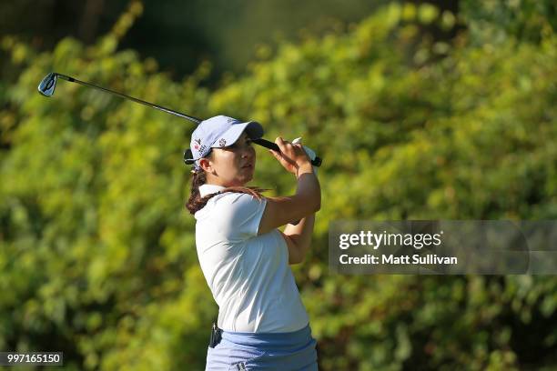 Brittany Marchand of Canada watches her tee shot on the second hole during the first round of the Marathon Classic Presented By Owens Corning And O-I...