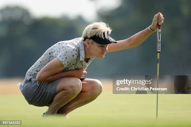 Trish Johnson of England looks over the seventh green during the first round of the U.S. Senior Women's Open at Chicago Golf Club on July 12, 2018 in...