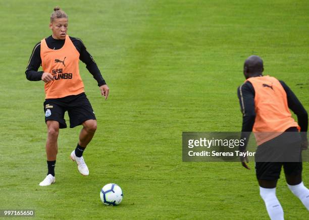 Dwight Gayle passes the ball during the Newcastle United Training session at Carton House on July 12 in Kildare, Ireland.