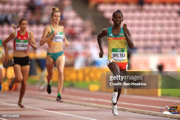 Diribe Welteji of Ethiopia crosses the finish line to win gold in the final of the women's 800m on day three of The IAAF World U20 Championships on...