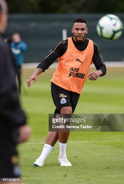 Jamaal Lascelles passes the ball during the Newcastle United Training session at Carton House on July 12 in Kildare, Ireland.