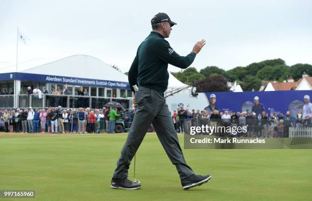 Matt Kuchar of USA finishes his round at the 18th green during the first day of the Aberdeen Standard Investments Scottish Open at Gullane Golf...
