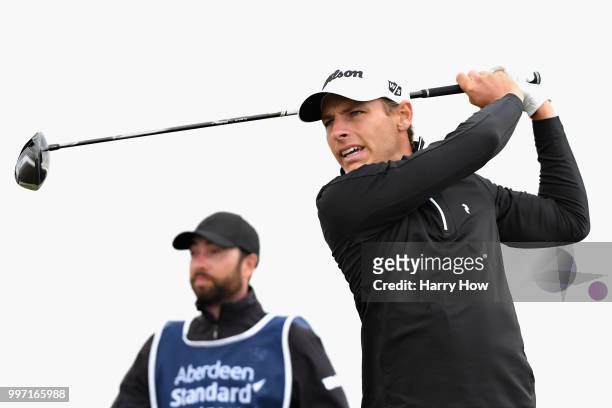 Joakim Lagergren of Sweden takes his tee shot on hole thirteen during day one of the Aberdeen Standard Investments Scottish Open at Gullane Golf...