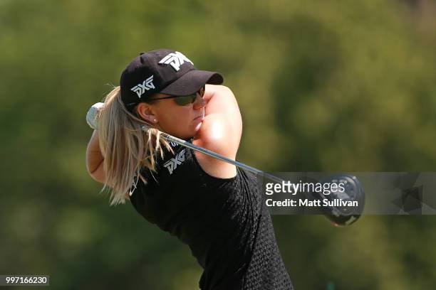 Austin Ernst watches her tee shot on the fifth hole during the first round of the Marathon Classic Presented By Owens Corning And O-I on July 12,...