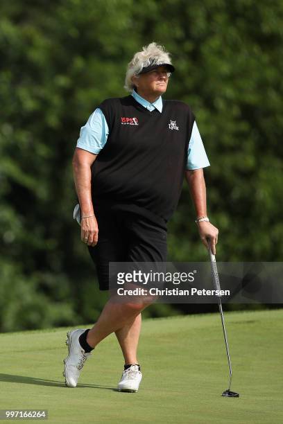 Laura Davies of England stands on the seventh green during the first round of the U.S. Senior Women's Open at Chicago Golf Club on July 12, 2018 in...