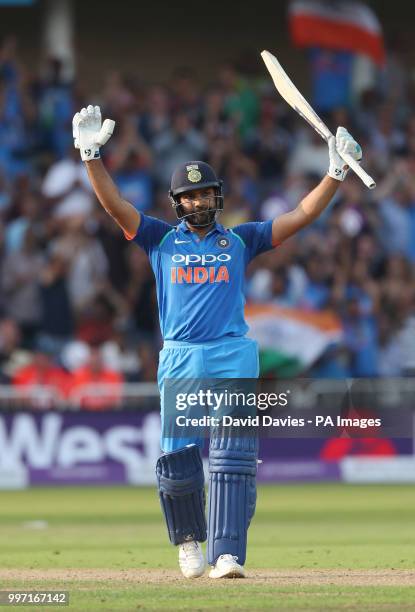 India's Rohit Sharma reaches his century during the One Day International Series match at Trent Bridge, Nottingham.
