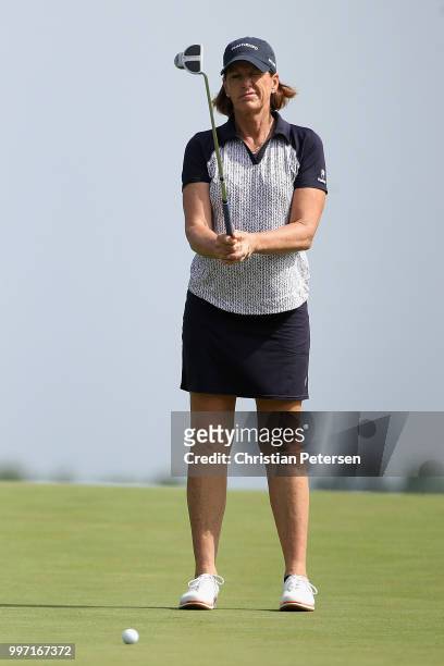 Juli Inkster prepares to putt on the seventh green during the first round of the U.S. Senior Women's Open at Chicago Golf Club on July 12, 2018 in...