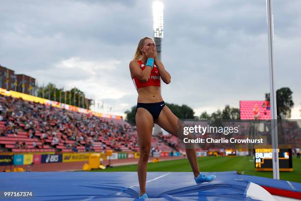 Amalie Svabikova of The Czech Republic celebrates winning gold in the final of the women's pole vault on day three of The IAAF World U20...