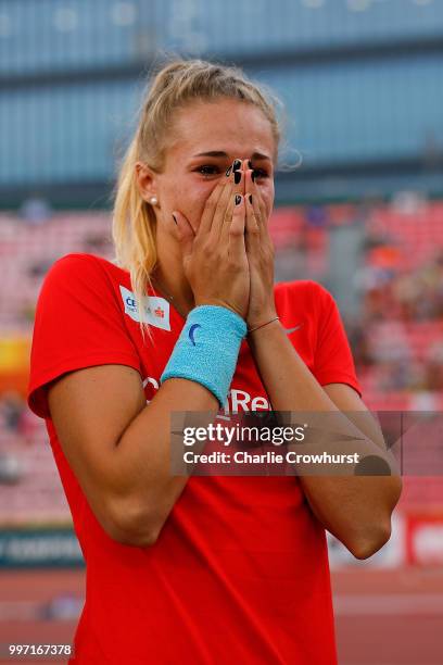 Amalie Svabikova of The Czech Republic celebrates winning gold in the final of the women's pole vault on day three of The IAAF World U20...