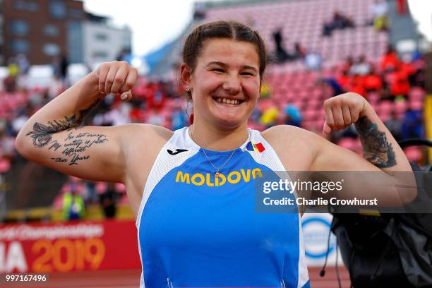 Alexandra Emilianov of Moldova celebrates winning gold in the final of the women's discus on day three of The IAAF World U20 Championships on July...