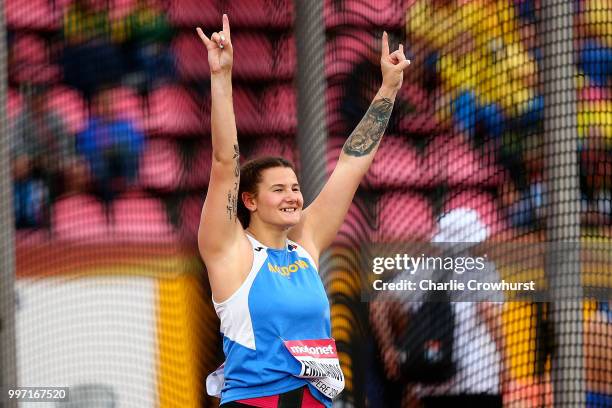 Alexandra Emilianov of Moldova celebrates winning gold in the final of the women's discus on day three of The IAAF World U20 Championships on July...