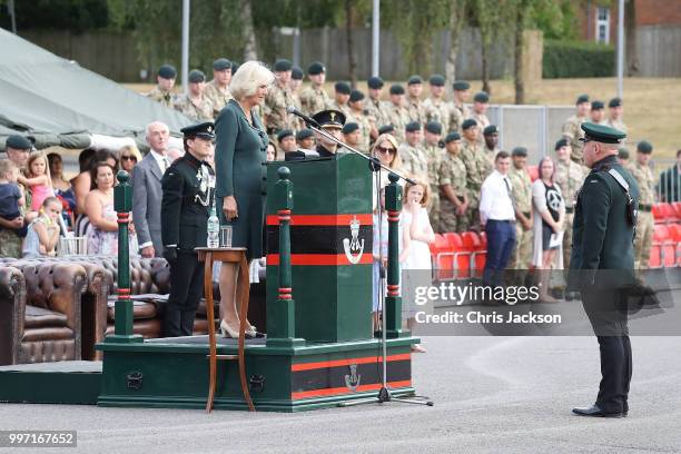 Camilla, Duchess of Cornwall gives a speech as she attends a Medal Parade at the New Normandy Barracks on July 12, 2018 in Aldershot, England.