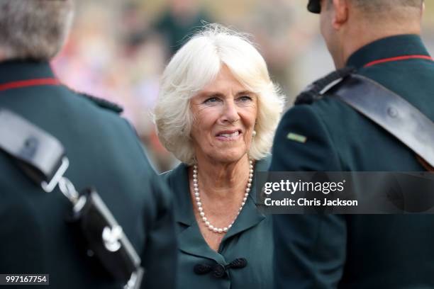 Camilla, Duchess of Cornwall attends a Medal Parade as she visits the New Normandy Barracks on July 12, 2018 in Aldershot, England.