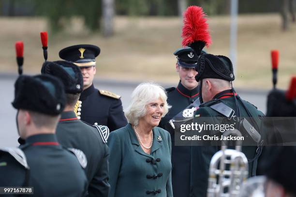 Camilla, Duchess of Cornwall attends a Medal Parade as she visits the New Normandy Barracks on July 12, 2018 in Aldershot, England.