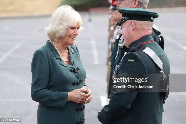 Camilla, Duchess of Cornwall attends a Medal Parade as she visits the New Normandy Barracks on July 12, 2018 in Aldershot, England.