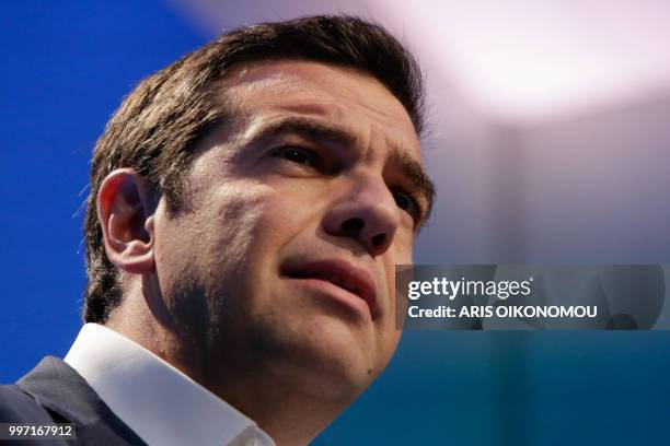 Greek Prime Minister, Alexis Tsipras, gives a press conference at the end of the second day of the NATO Summit and a bilateral meeting with Turkish...