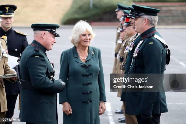 Camilla, Duchess of Cornwall attends a Medal Parade as she visits the New Normandy Barracks on July 12, 2018 in Aldershot, England.
