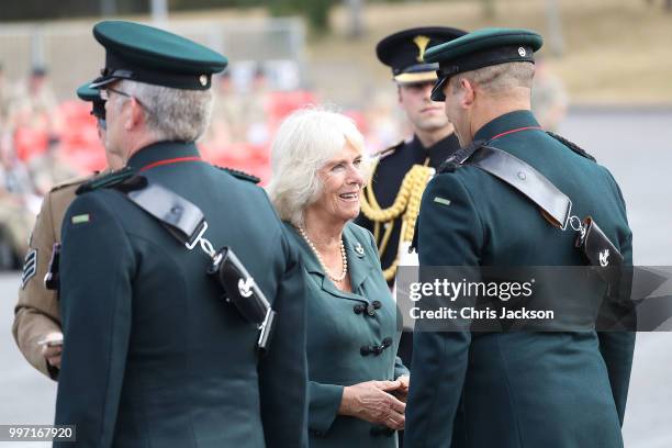 Camilla, Duchess of Cornwall attends a Medal Parade as she visits the New Normandy Barracks on July 12, 2018 in Aldershot, England.